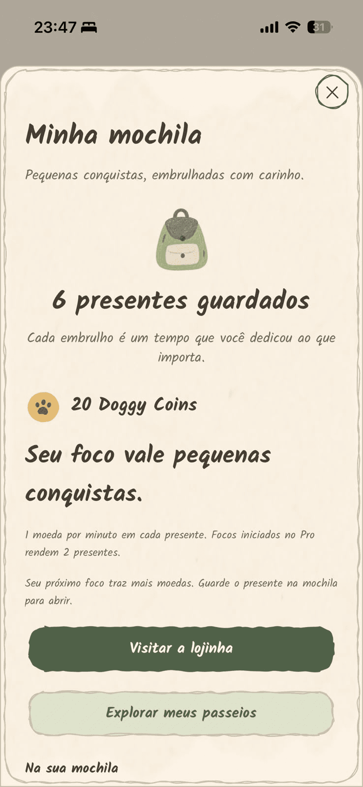 Backpack with gifts earned through focus sessions