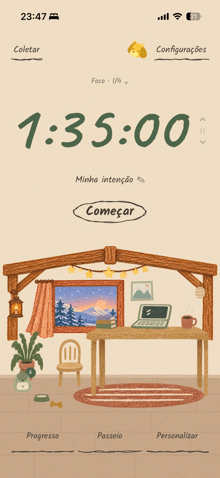 Doggy home screen with a winter room and adjustable timer